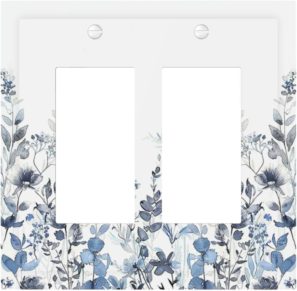 Decorative Outlet Covers Light Blue Watercolor Leaves Plant With Floral 2 Gang Double GFCI Rocker Electrical Wall Panels Light Switch Cover Plate for Bedroom Bathroom Decor