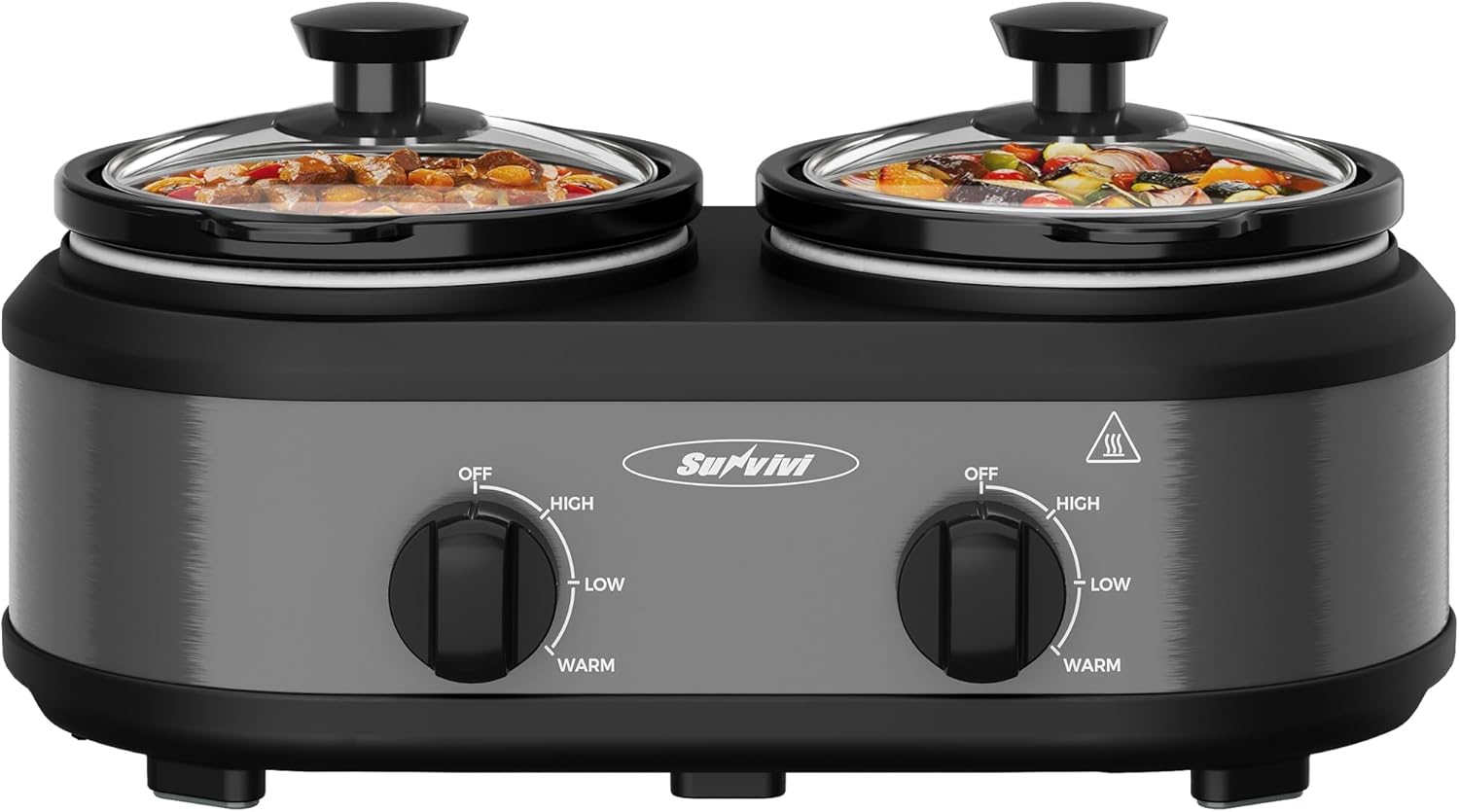 2 * 1.25 Quarts Dual Slow Cooker, Buffet Server & Warmer with 2 Removable Ceramic Pots, 3 Adjustable Temp Settings & 2 Visible Glass Lids, Stainless Steel, Grey