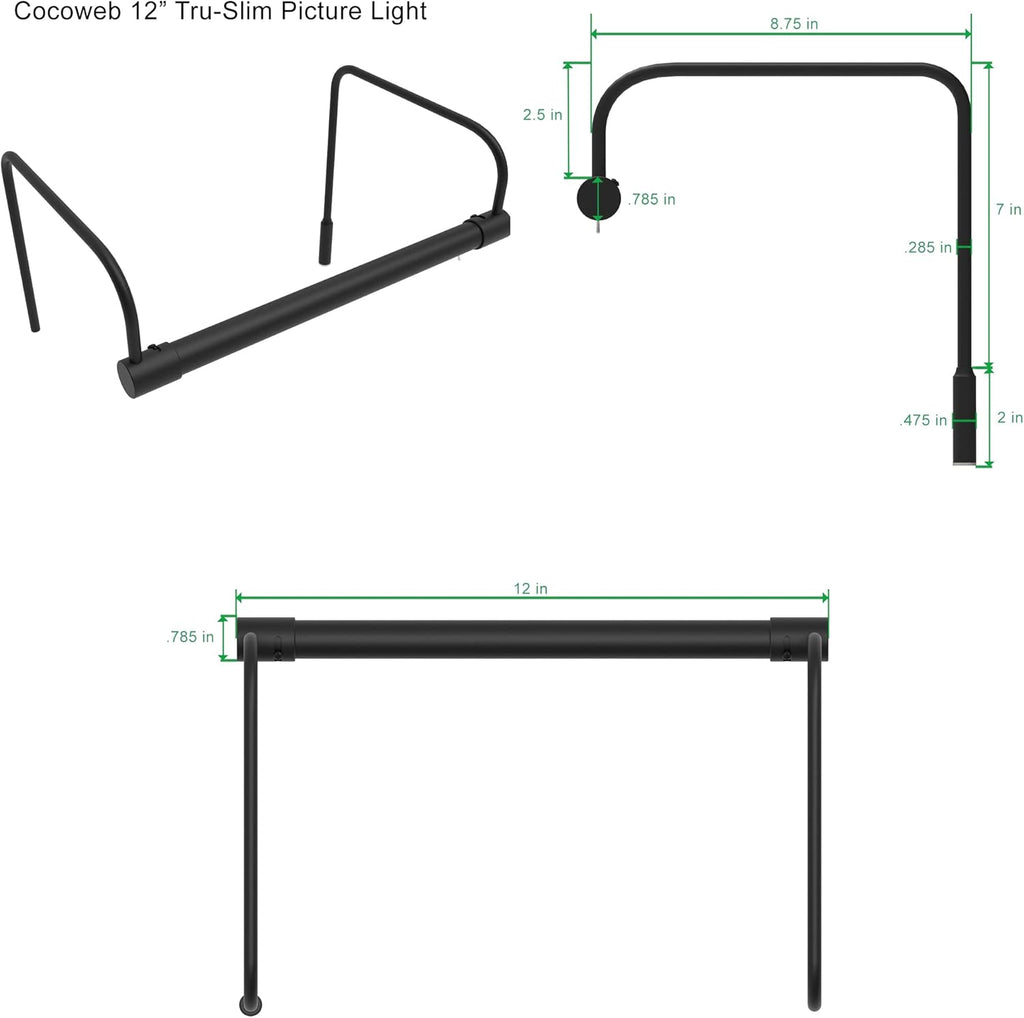Cocoweb 12 Inch Tru-Slim Black Picture Light - LED, 2700K, Adjustable Arm, Plug-in, Toggle Switch, Sleek and Compact Design