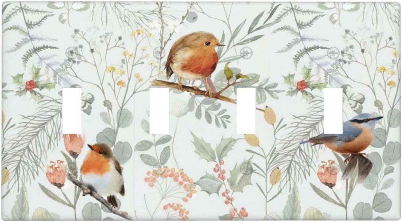 Light Switch Covers Red Floral Berries Colorful Bird Plant Quad Toggle Electrical Faceplate 4 Gang Wall Plate Decorative Switch Plates For Bed Room Living Room Decor