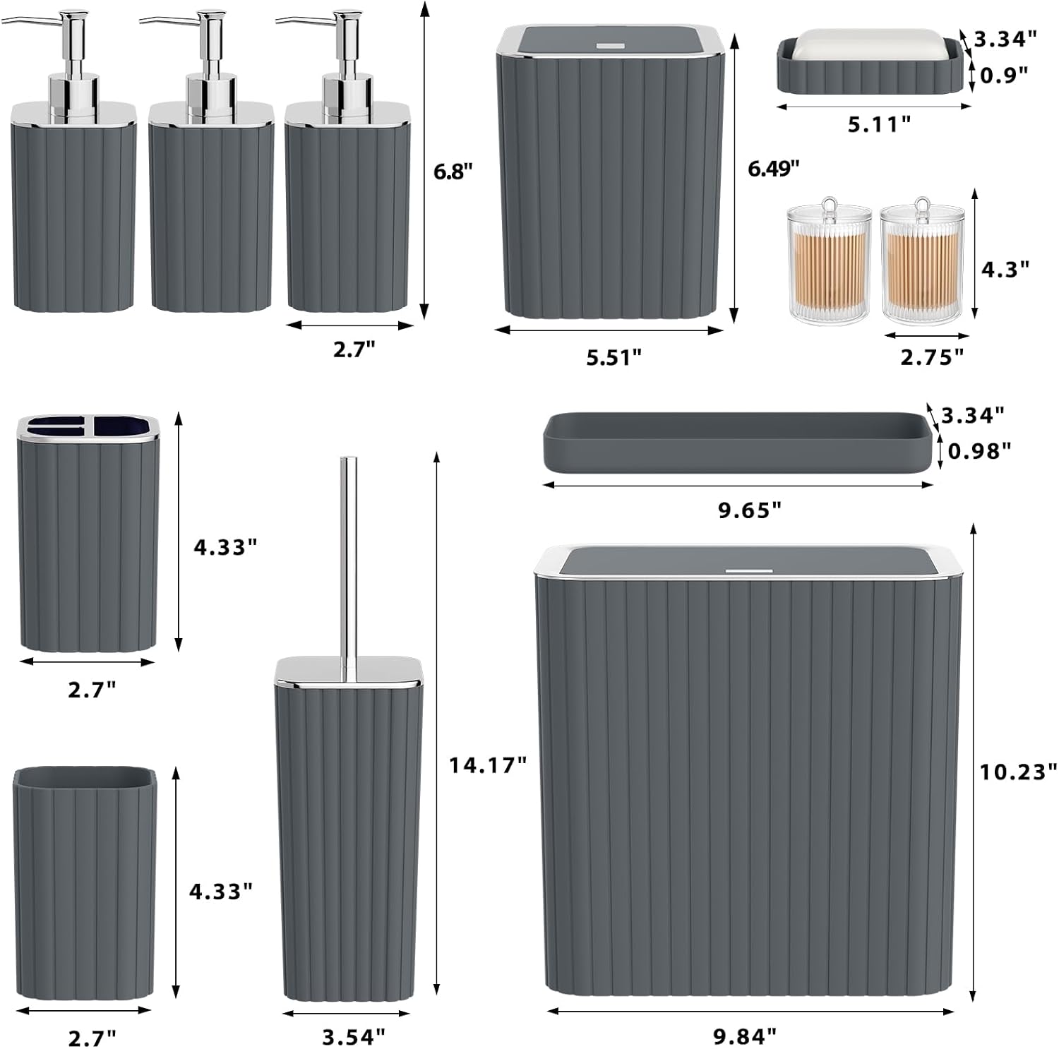 Bathroom Accessory Set - Bathroom Set, 12PC Bathroom Accessories Set, Grey Bathroom Accessories Set, Mini Trash Can, Toilet Brush, Trash Can & Soap Dispenser
