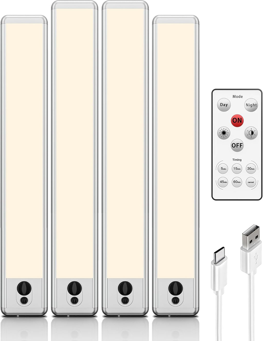 EZVALO Under Cabinet Lights, 14.5i'' Motion Sensor Light Indoor Dimmable, 4000mAh Rechargeable Closet Lights 3700K with Remote Control, Wireless Under Counter Light for Kitchen,Cabinet,Bedroom(4Pcs)