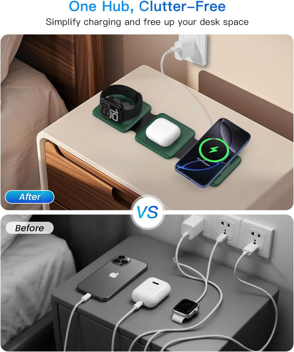 3 in 1 Wireless Charger for iPhone - Foldable Charging Station Travel Charging Dock Compatible with iPhone 16 15 14 13 12 Pro Max Plus Watch & Airpods