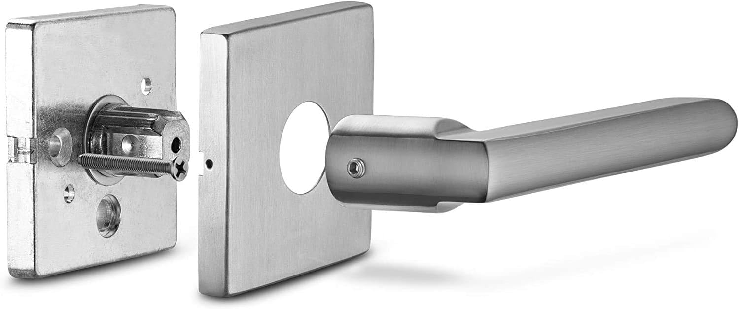 Berlin Modisch HandleSet Front Door Entry Handle and Deadbolt Lock Set Slim Square Single Cylinder Deadbolt and Lever Reversible for Right & Left Sided Doors Heavy Duty – Satin Nickel Finish