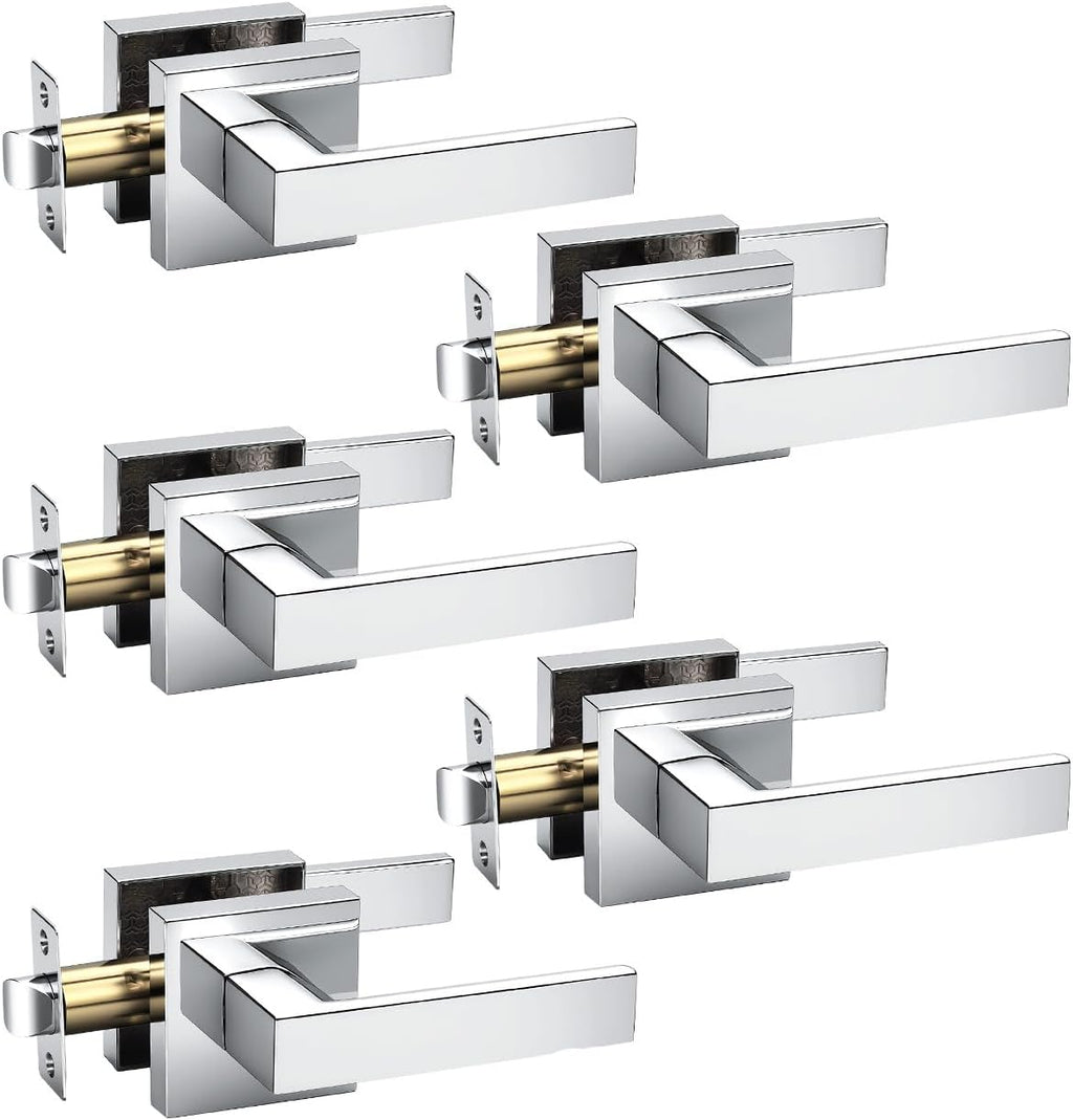KNOBWELL 5 Pack Door Handles Polished Chrome Interior Door Levers for Hallway Closet Keyless Bedroom Doorknob with Lock