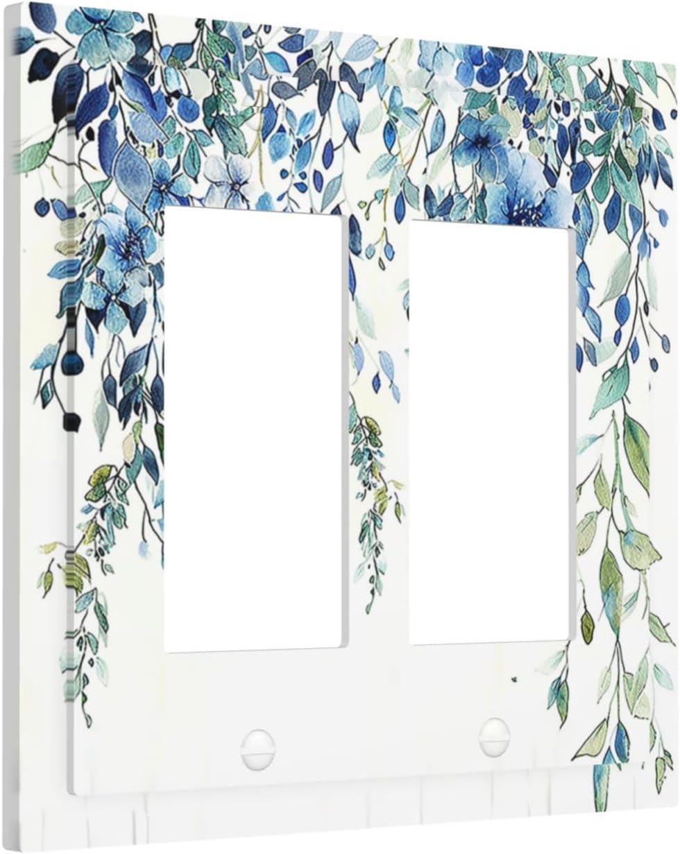Decorative Outlet Covers Boho Vintage Flowers Blue Green Sage 2 Gang Double GFCI Rocker Electrical Wall Panels Light Switch Cover Plate for Bedroom Farmhouse Decor