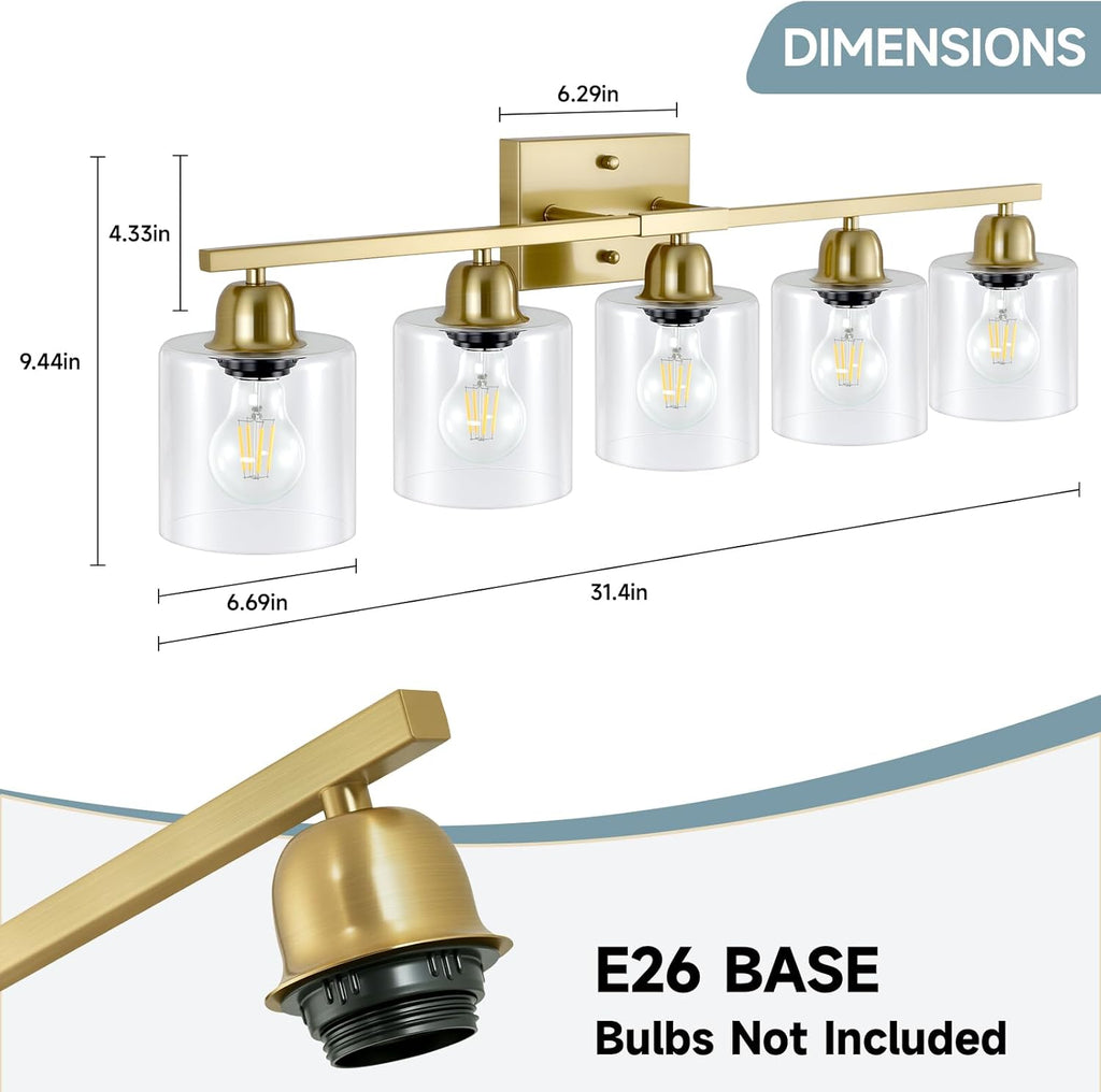 Modern Brushed Gold 5 Light Bathroom Vanity Light,31 inch Vanity Lights for Bathroom with Clear Glass for Mirror Kitchen Living Room Hallway Cabinet Porch