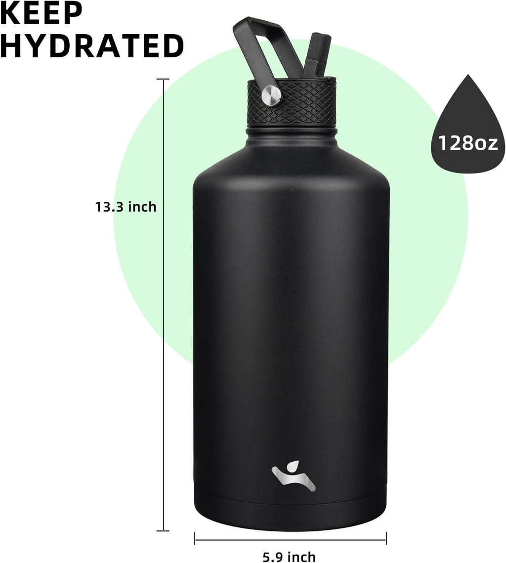 Gallon Insulated Water Bottle with Straw,128 oz 3 Lids Water Jug with Carrying Bag,Paracord Handle, Double Wall Vacuum Stainless Steel Metal Flask,Black