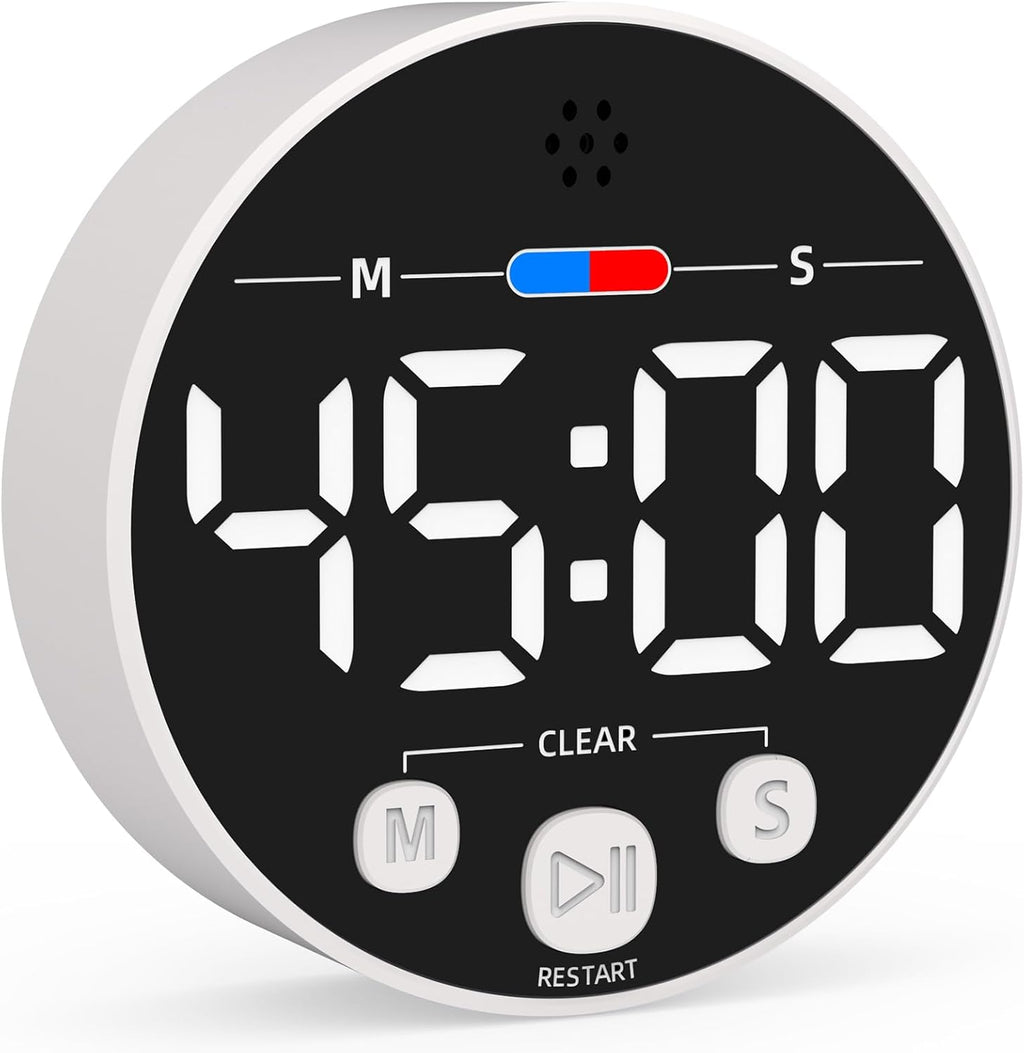 Large LED Digital Timer, Magnetic Countdown Loud Timer for Kitchen Cooking, Classroom Whiteboard, Kids, Toddler, Game, Productivity, Focus, Work, Task, Office, Meeting – Small, Simple, Visual, White
