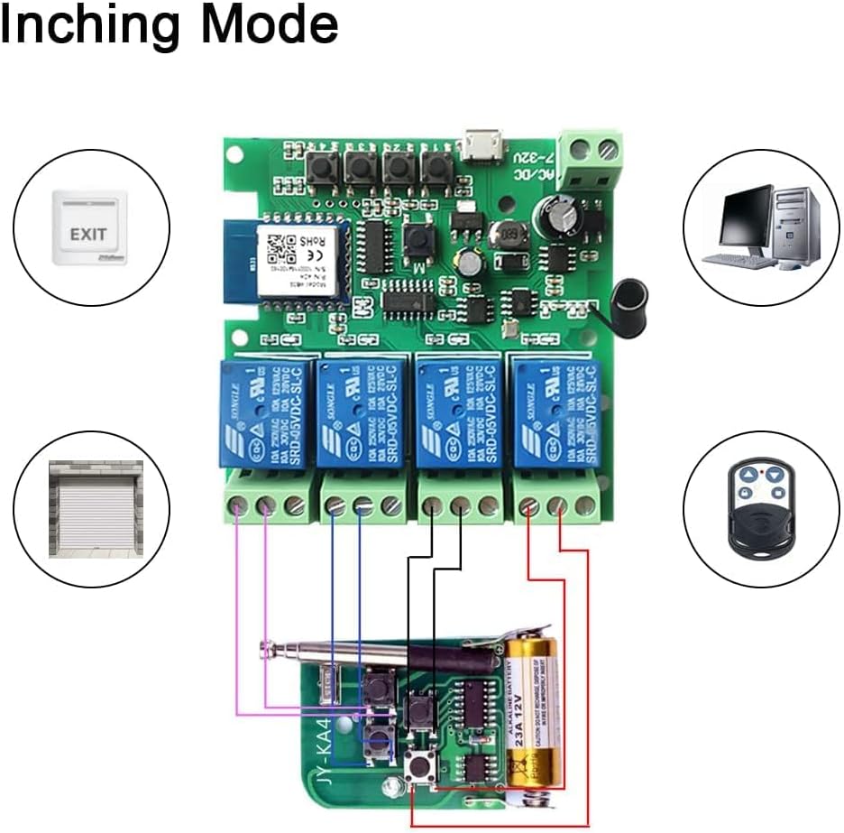 Tuya 4 Channel Updated USB 5V/DC/AC 7-32V, Momentary Inching Self-Locking Relay Module,Tuya App Remote Control,WiFi RF Bluetooth Switch Module,Dry Contact,Compatible with Alexa Goolge Home
