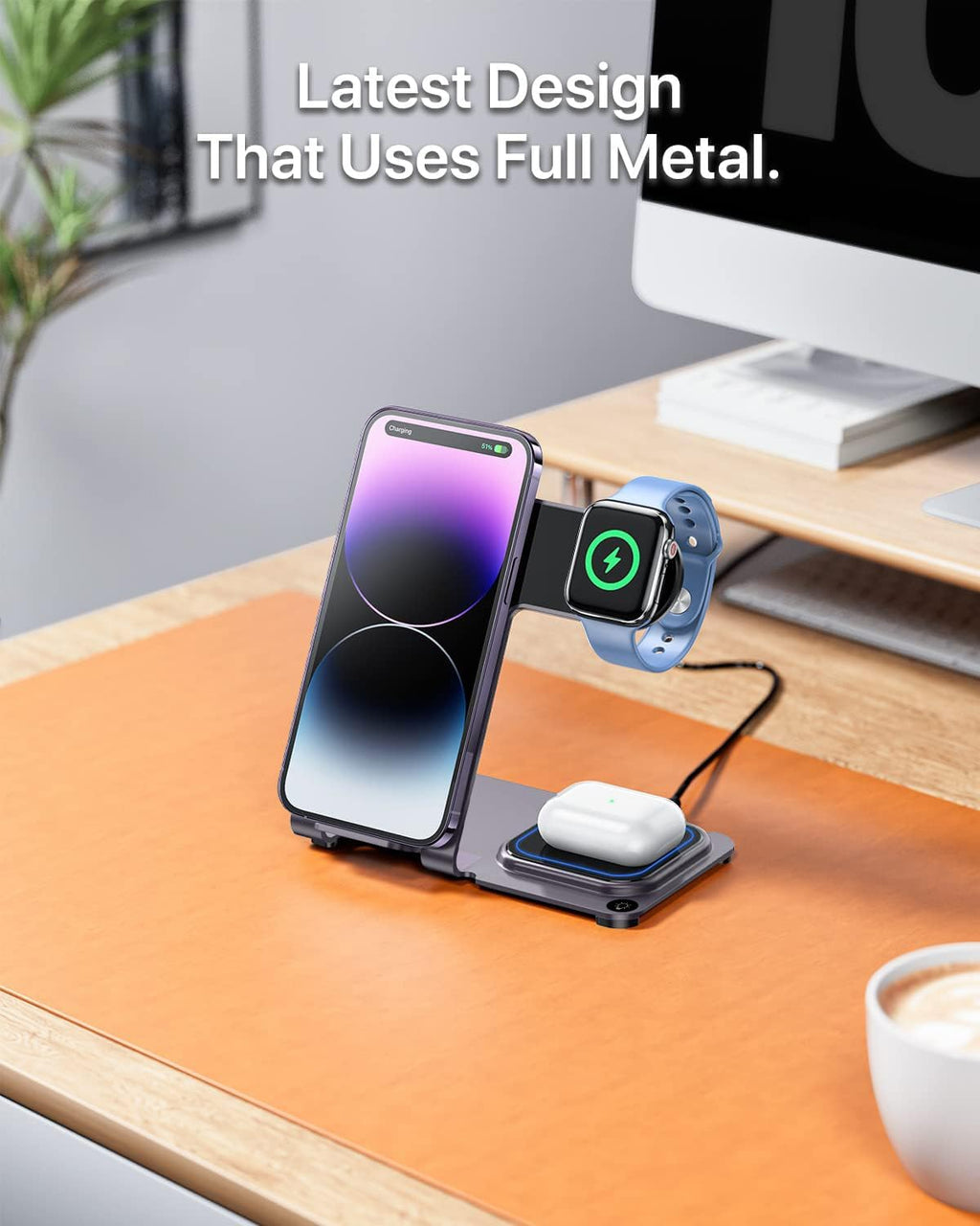 Intoval Metal Charging Station for iPhone 17/16/15/14/13/12/11/XS/XR/XS, 3 in 1 Wireless Charger for Apple Watch 11/Ultra 3/SE/10/9/8/7/6/5/4/3/2, for AirPods 4/Pro/Pro 2/3 (Y9,Purple)