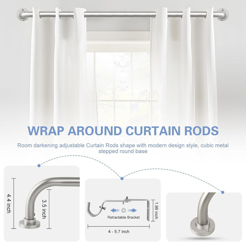 Nickel Wrap Around Curtain Rods 28 to 60 In:Blackout Heavy duty Adjustable Window Curtain Rod for Bedroom,Industrial Darkening Curved French Metal Single Drapery Rods Easy Install,Satin Nickel