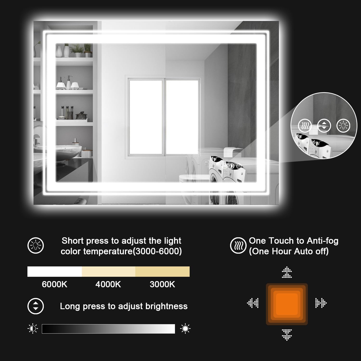 LED Bathroom Mirror, 55"X36" with Front and Backlit, Anti-Fog, Large Bathroom Vanity Mirror for Wall, Memory Function, Stepless Dimmable, Tempered Glass (Horizontal/Vertical)