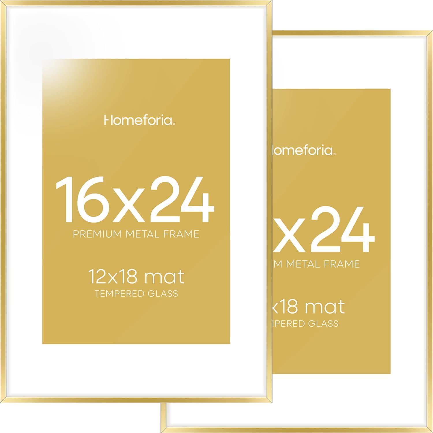 Homeforia 16 x 24 Picture Frame Gold, High End Metal 16x24 Poster Frames with Mat 12x18 Photo, 16 x 24 Gold Frame Matted to 12 by 18 Print, 24x16 Thin Hanging Frame, Tempered Glass, Wall Kit, Set of 2
