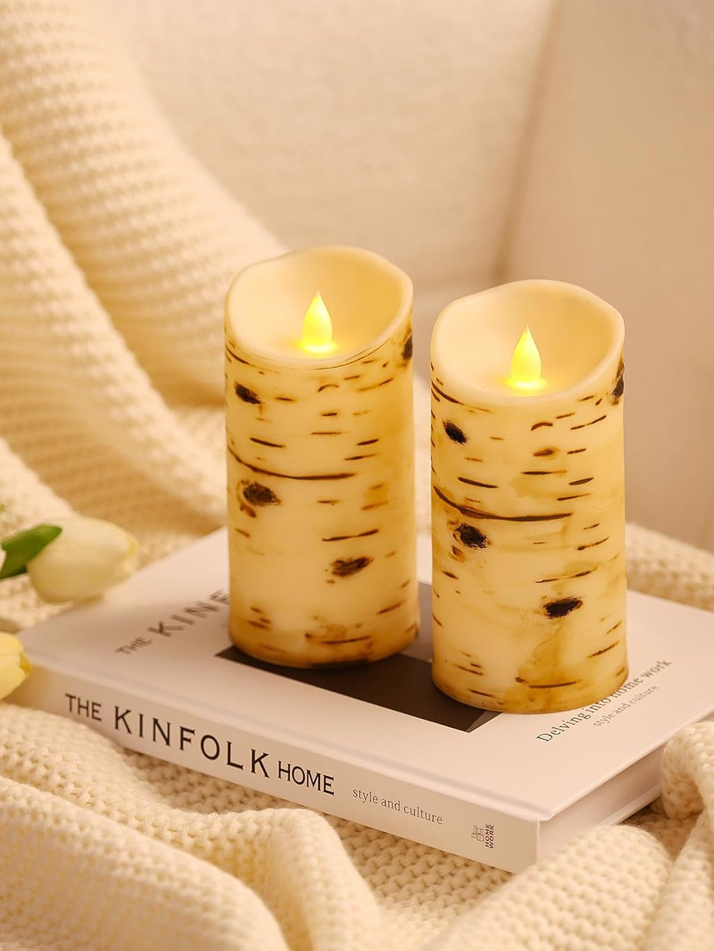 Comenzar Comezar Flameless Candles Birch Candles Fake Candle Rustic Decor Birch Grain Candles Battery Operated Candles with Remote Timer (D:3.25"" × H:6"") Pack 2