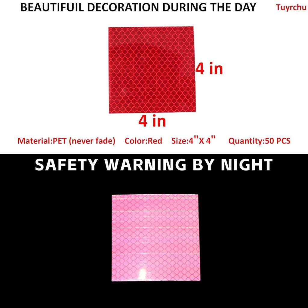 Non Fading Red Reflective Stickers 4 inch X 4 inch, Outdoor Waterproof High Visibility Warning Safety Adhesive Reflector Tape (50 Pcs)