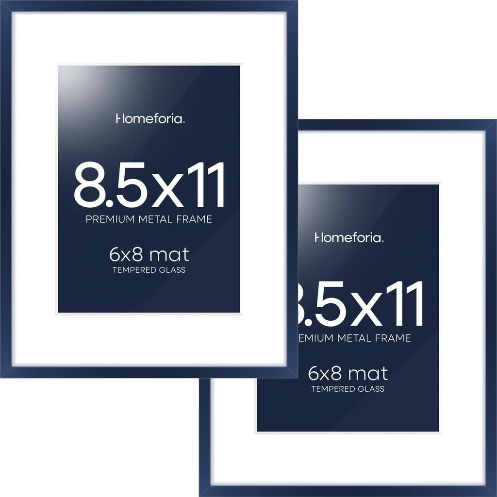 Homeforia 8.5x11 Navy Blue Frame, High End Metal 8.5 x 11 Picture Frames with Mat 6 by 8 inch Photo, 11x8.5 Poster Frame Matted to 6x8 Print, Wall or Tabletop Frame, Tempered Glass, Wall Kit, Set of 2