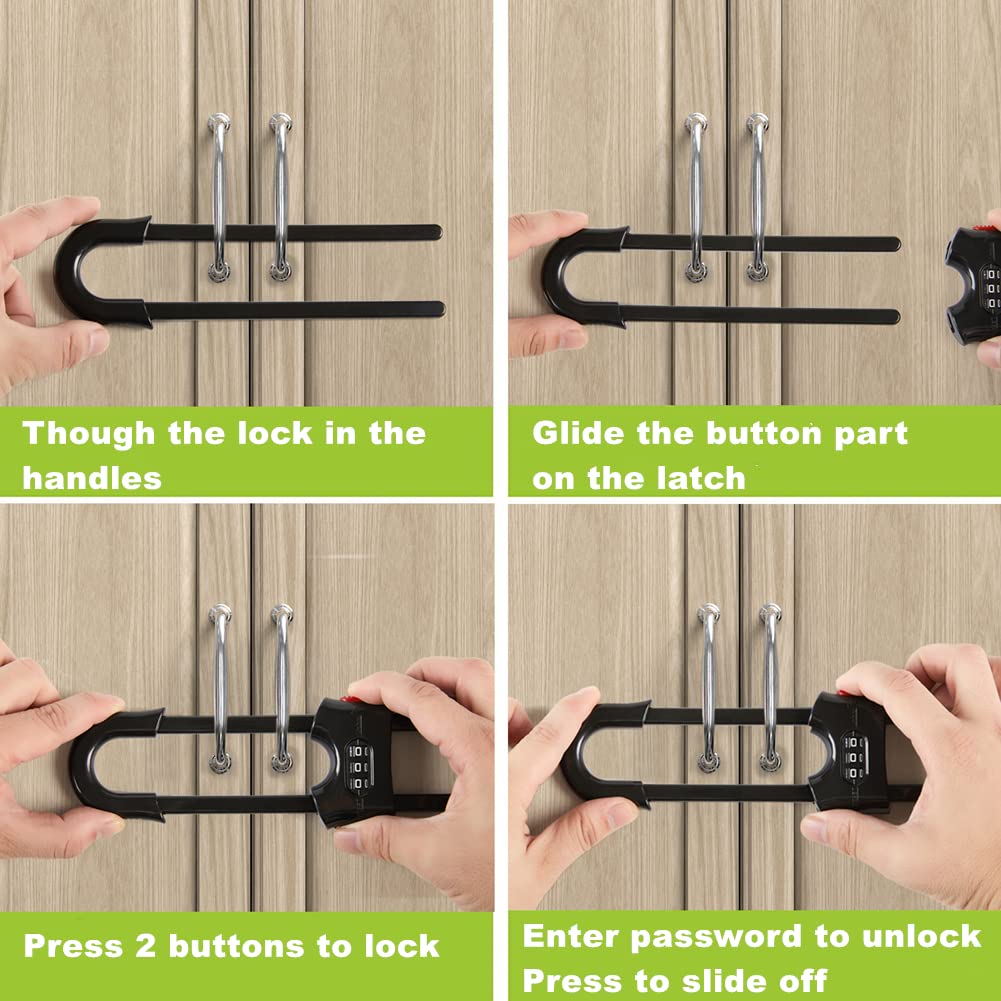 4 Pack Child Proof Sliding Cabinet Door Code Locks Baby Safety Cupboard Locks Adjustable U Shaped Cabinet Latches for Knob Handle Drawers Closet Palstic (4PCS, Black)