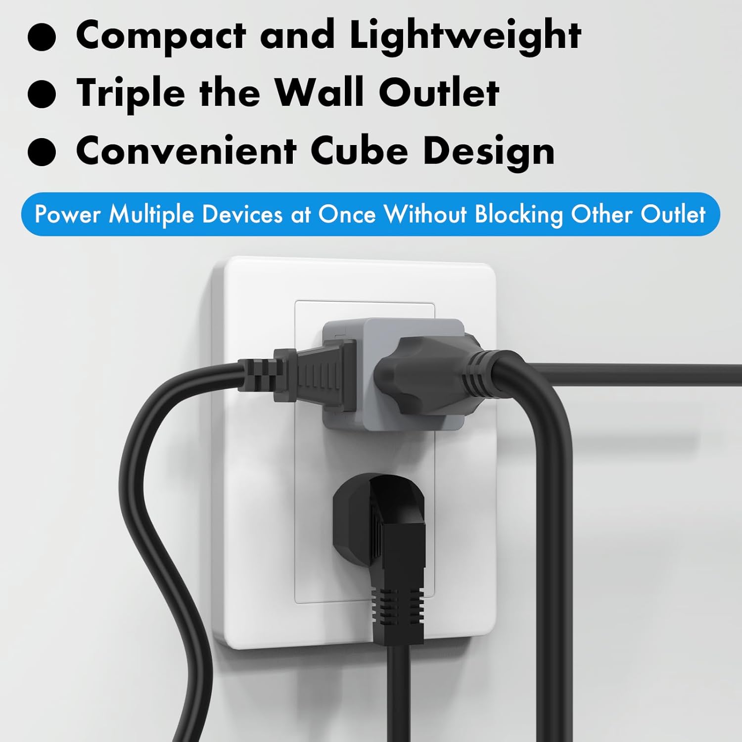 POWERCORDS 3 Power Blocks Outlet Splitter, 3 Pack, Grounded Wall Tap, 3-Prong Plug Adapter AC Multi Plug Wall Outlet, Power Splitter, Cruise Essentials, for Home Office School Dorm, UL Listed,Grey