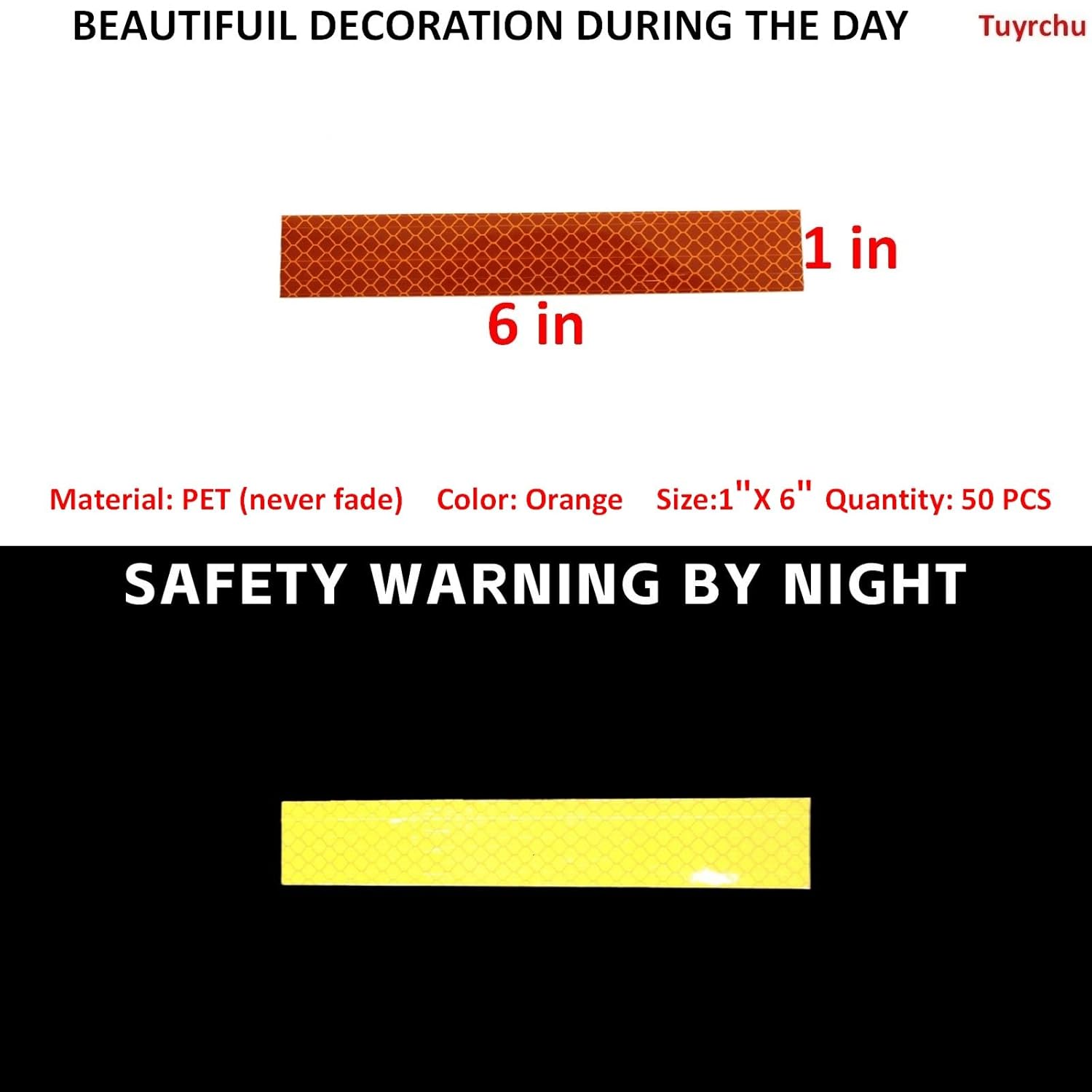 Non Fading Orange Reflective Stickers 1 inch X 6 inch, Outdoor Waterproof High Visibility Warning Safety Adhesive Reflector Tape (50 Pcs)