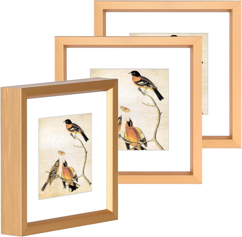 3x3 Picture Frame Set of 3, Gold Metal Square Photo Frames with HD Glass, Fits 2x2 with Mat or 3 x 3 without Mat, Display for Wall and Table