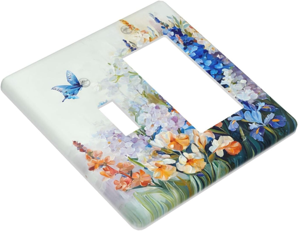 Decorative Outlet Covers Rustic Colorful Floral Garden Flowers 2 Gang Wall Plate Single Toggle 1 Rocker Light Switch Cover Switch Plate Covers Faceplate for Country Bedroom Home Decor