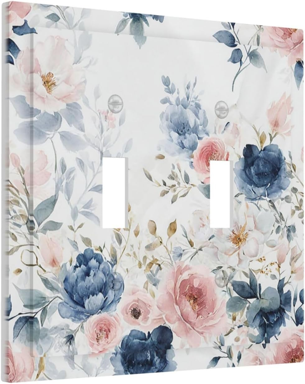 Elegant Watercolor Pink Blue Flowers Floral 2 Gang Double Toggle Light Switch Cover Decorative Switchplate Electrical Wall Plates Faceplate for Bathroom Bedroom Decor 4.9 X 5 IN