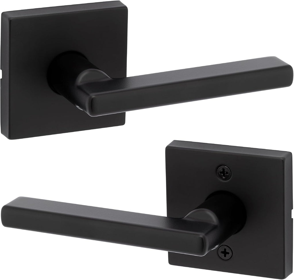 Kwikset Halifax Interior Passage Door Handle, Lever For Closet and Hallway Doors, Reversible Non-Locking Handle Lever, Matte Black, with Microban Protection, Square Rose