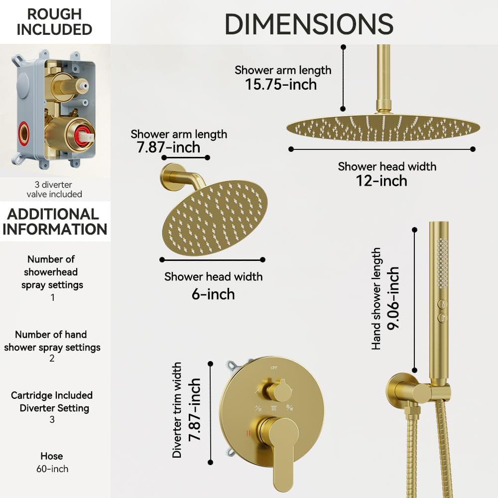 Shower Systems Shower Faucet Sets STARBATH 3 Way 12+6" Round Dual Rainfall Shower Head with Handheld Spray Combo, Ceiling Mounted Rain Shower Valve with 5 Diverter and Trim Kit Complete, Brushed Gold