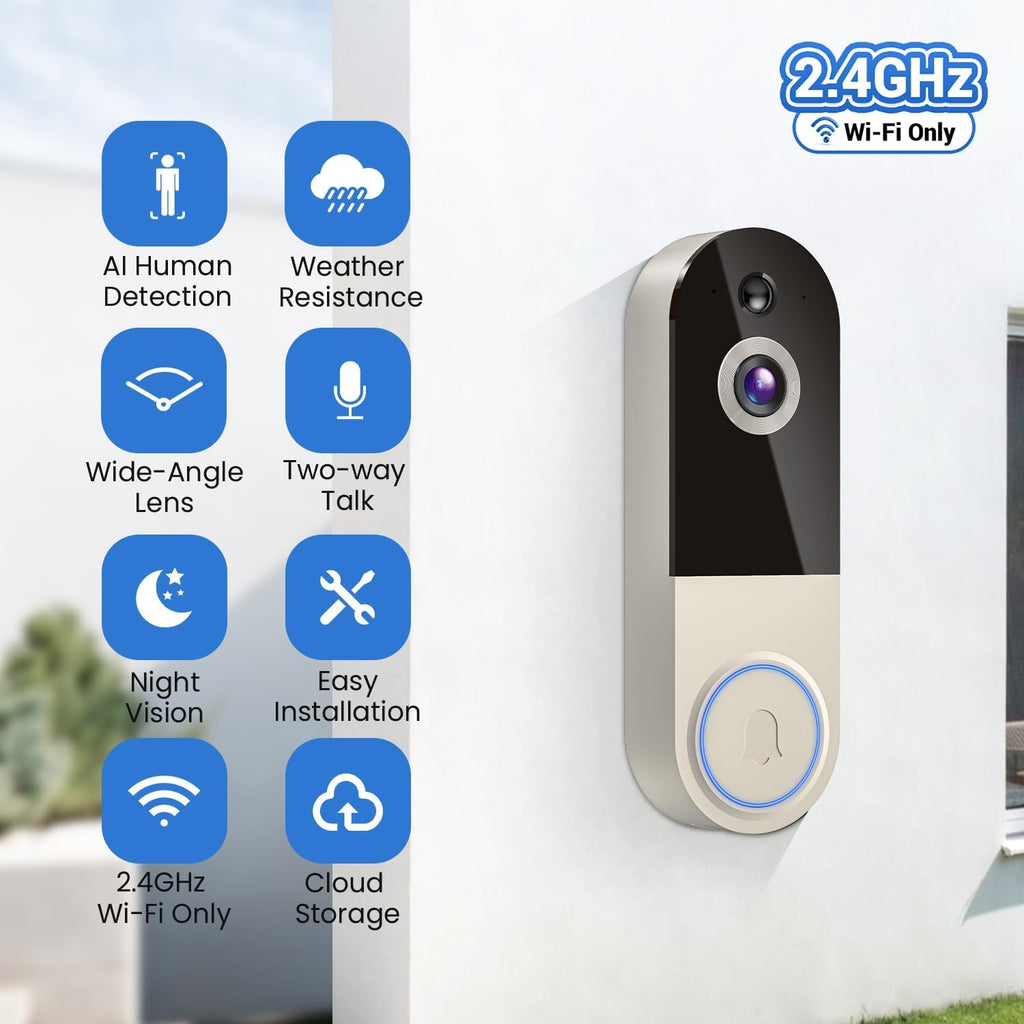 WiFi Video Doorbell Camera with Human Detection, Battery Powered, Night Vision, 2-Way Talk, 2.4G WiFi, Cloud Storage