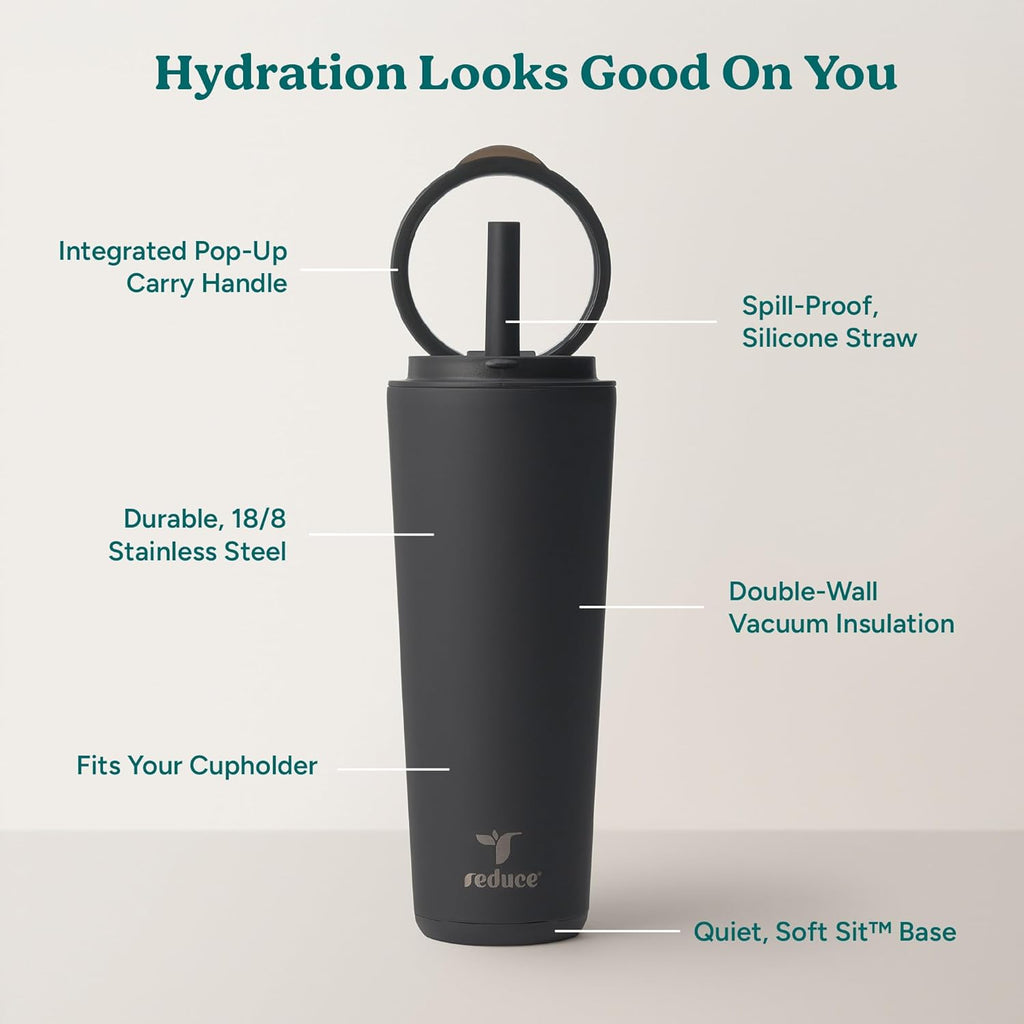 REDUCE Halo 24 oz Stainless Steel Vacuum Insulated Tumbler - Spill Proof Travel Mug with Flip Handle Lid - Keeps Drinks Cold for 32 Hrs - Dishwasher Safe - Cupholder Friendly - Phantom