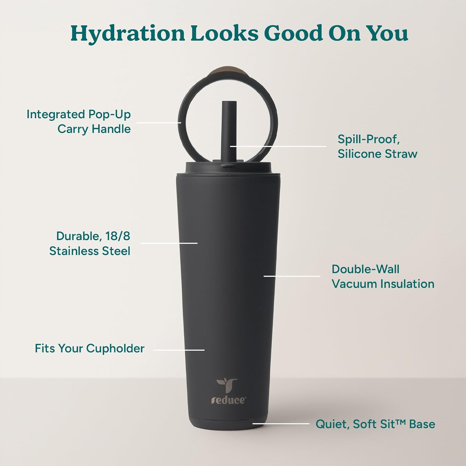 REDUCE Halo 24 oz Stainless Steel Vacuum Insulated Tumbler - Spill Proof Travel Mug with Flip Handle Lid - Keeps Drinks Cold for 32 Hrs - Dishwasher Safe - Cupholder Friendly - Phantom