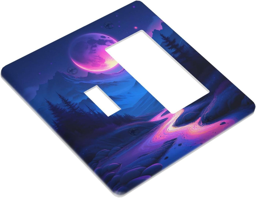 Purple Cyberpunk River Full Moon Mountain Forest Outlet Covers 1 Toggle 1 Rocker Combination Light Switch Cover Plate Decorative Wall Plate Electrical Switch Plates for Bedroom Bathroom