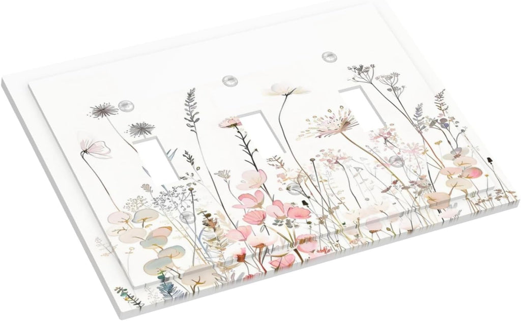 Floral Watercolor Wildflower Dandelion Plant Decorative Switch Plates 3 Gang Wall Plate Triple Toggle Light Switch Cover Faceplate Electrical Wall Panels for Farmhouse Bed Room Decor
