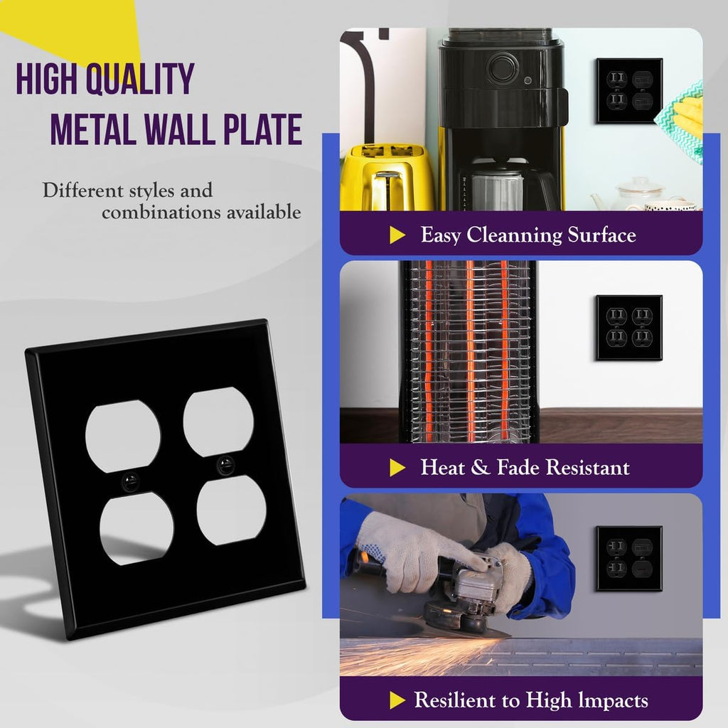 ENERLITES Duplex Receptacle Metal Wall Plate, Corrosion Resistant, Standard Size 2-Gang 4.50" x 4.57", Powder Coated Stamped Steel, 7722-BG, Black Gloss