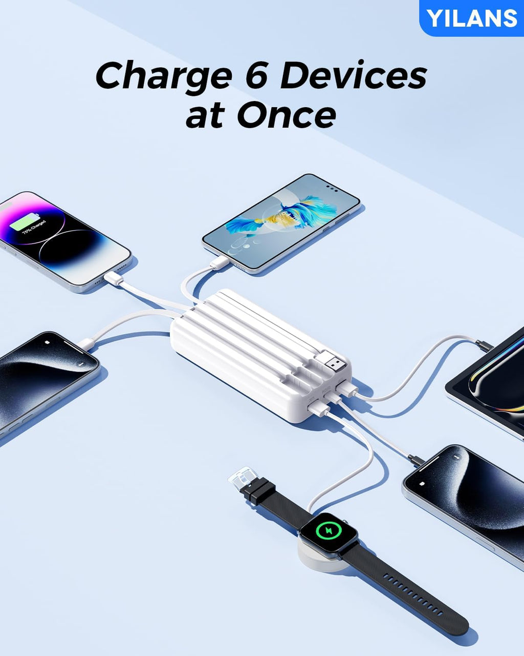 Portable Charger,50000mAh Power Bank Built-in Cable, 22.5W PD USB C In & Out Fast Charging, External Battery Pack with 6 Output & 2 Input, Travel Phone Charger for iPhone 17/16/15/14/13/12(White)