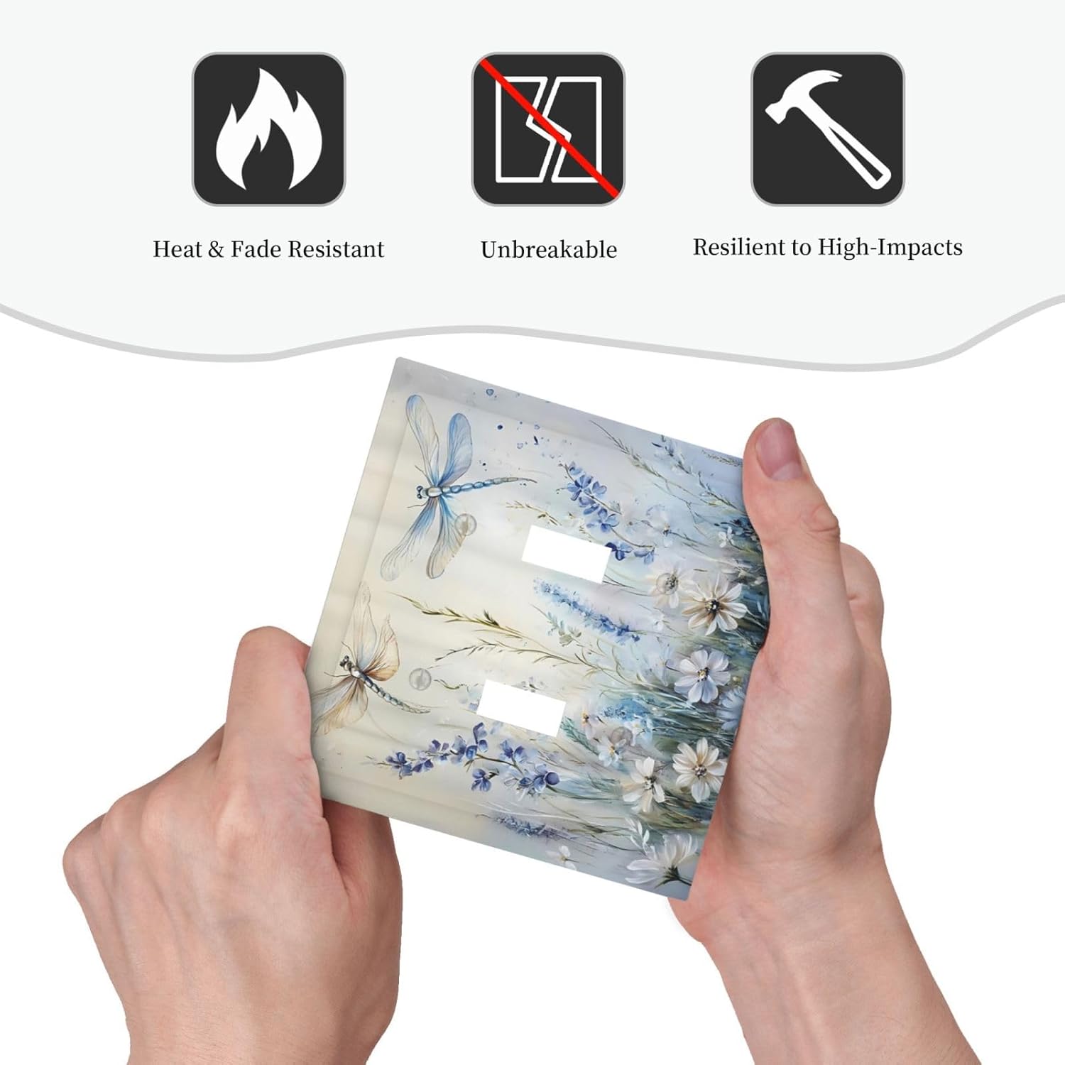 Decorative Light Switch Cover Plate Watercolor Dragonfly Blue Wihte Flower 2 Gang Outlet Covers Double Toggle Wall Plates for Electrical Outlets Switch Plate Covers Faceplate for Home Decor