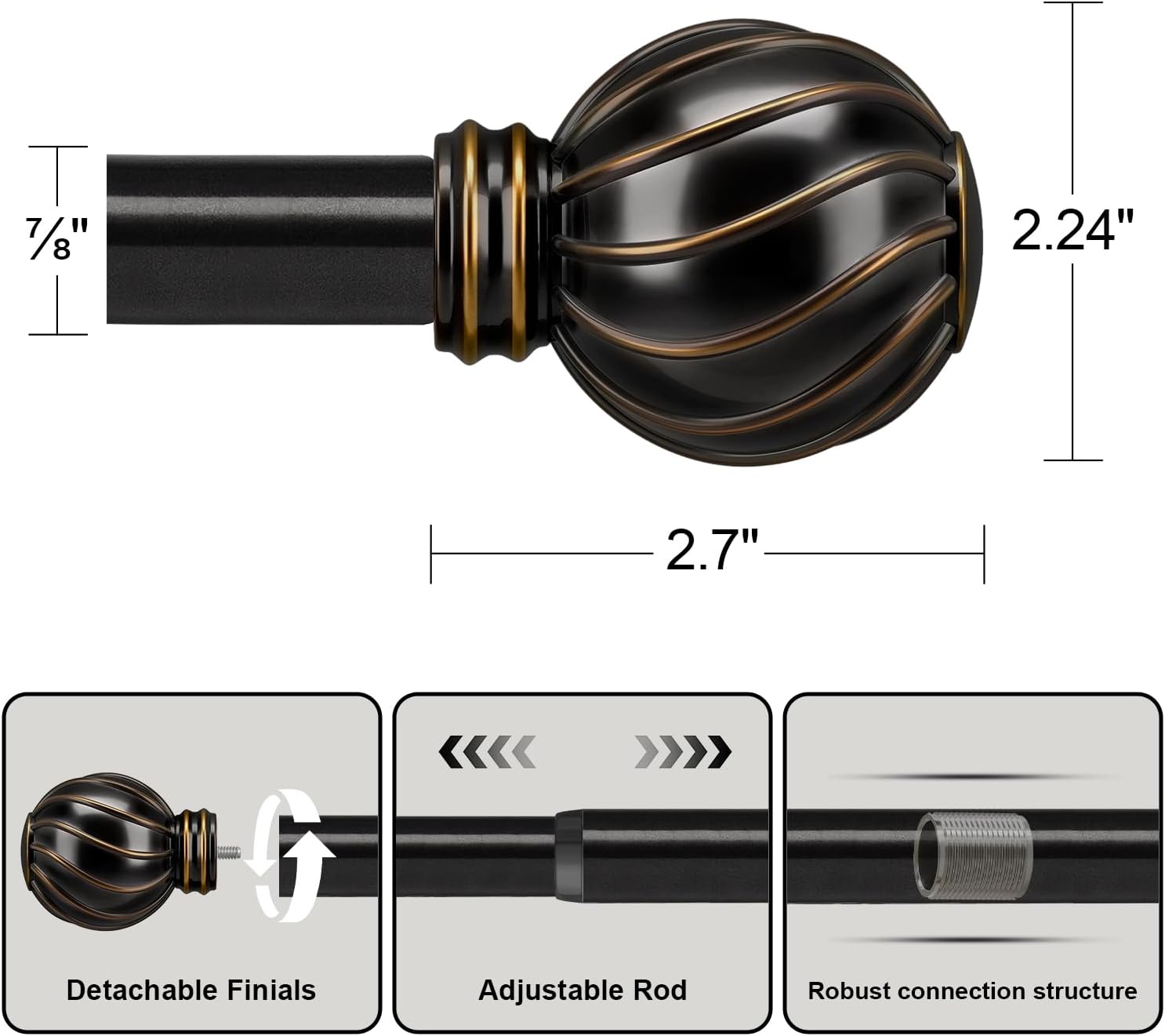 Black Curtain Rods for Windows 66 to 120 Inch 7/8" Diamete Heavy Duty Adjustable Window Curtain Rod with Decorative Finials for Farmhouse Bedroom Living Room Kitchen Outdoor