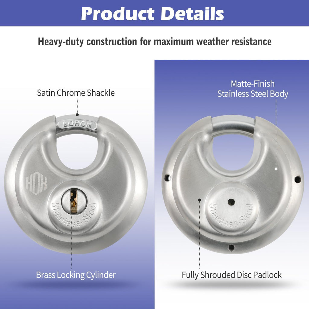 Heavy Duty Padlock with Key – 70mm Stainless Steel Commercial Discus Keyed Lock, High Security, 8 Pack