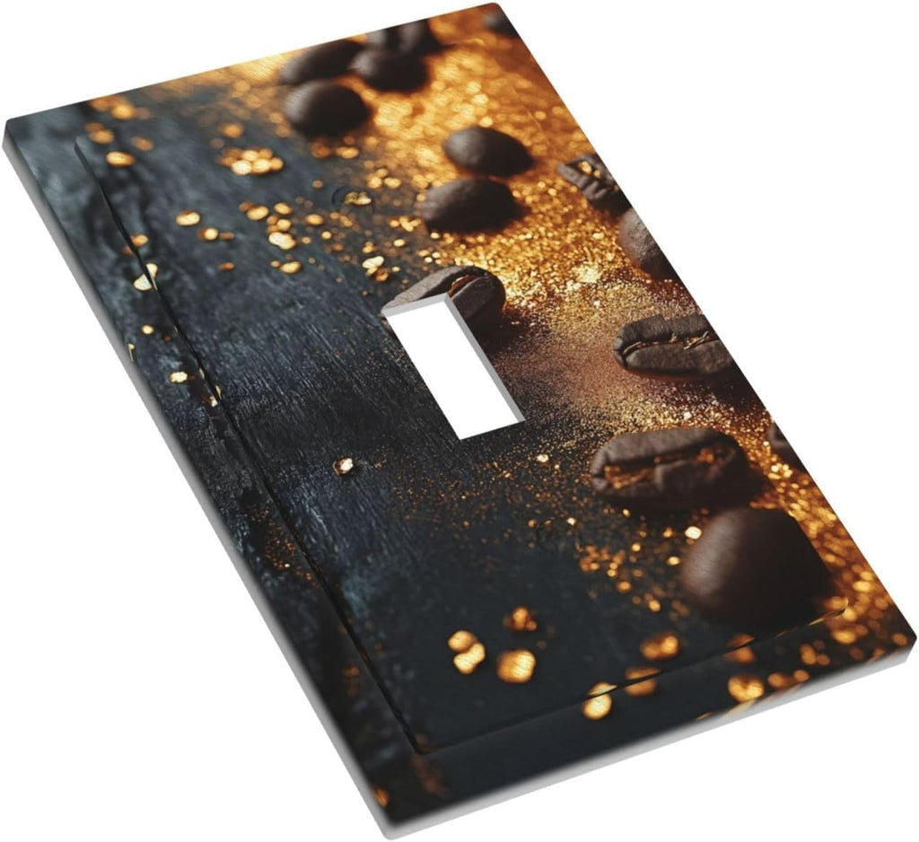 Decorative Light Switch Cover Plate Black Wood Board Gold Dust Coffee Beans 1 Gang Wall Plate Oversized Single Toggle Wall Cover Plate Jumbo Electrical Switchplate Face Plate