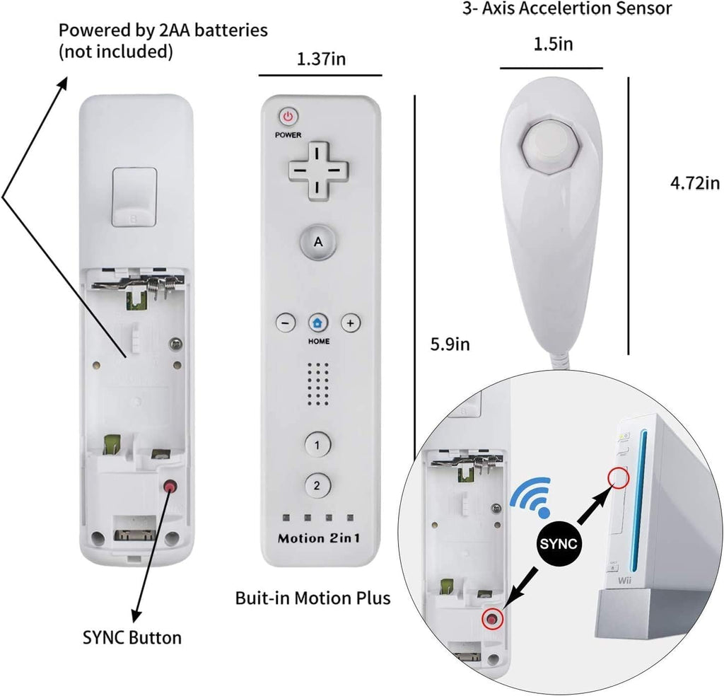 TechKen Motion Plus Wii Controllers 2Packs with Nunchucks, Wii Remote Controllers Compatible for wii and Wii U with Built in Motion Plus