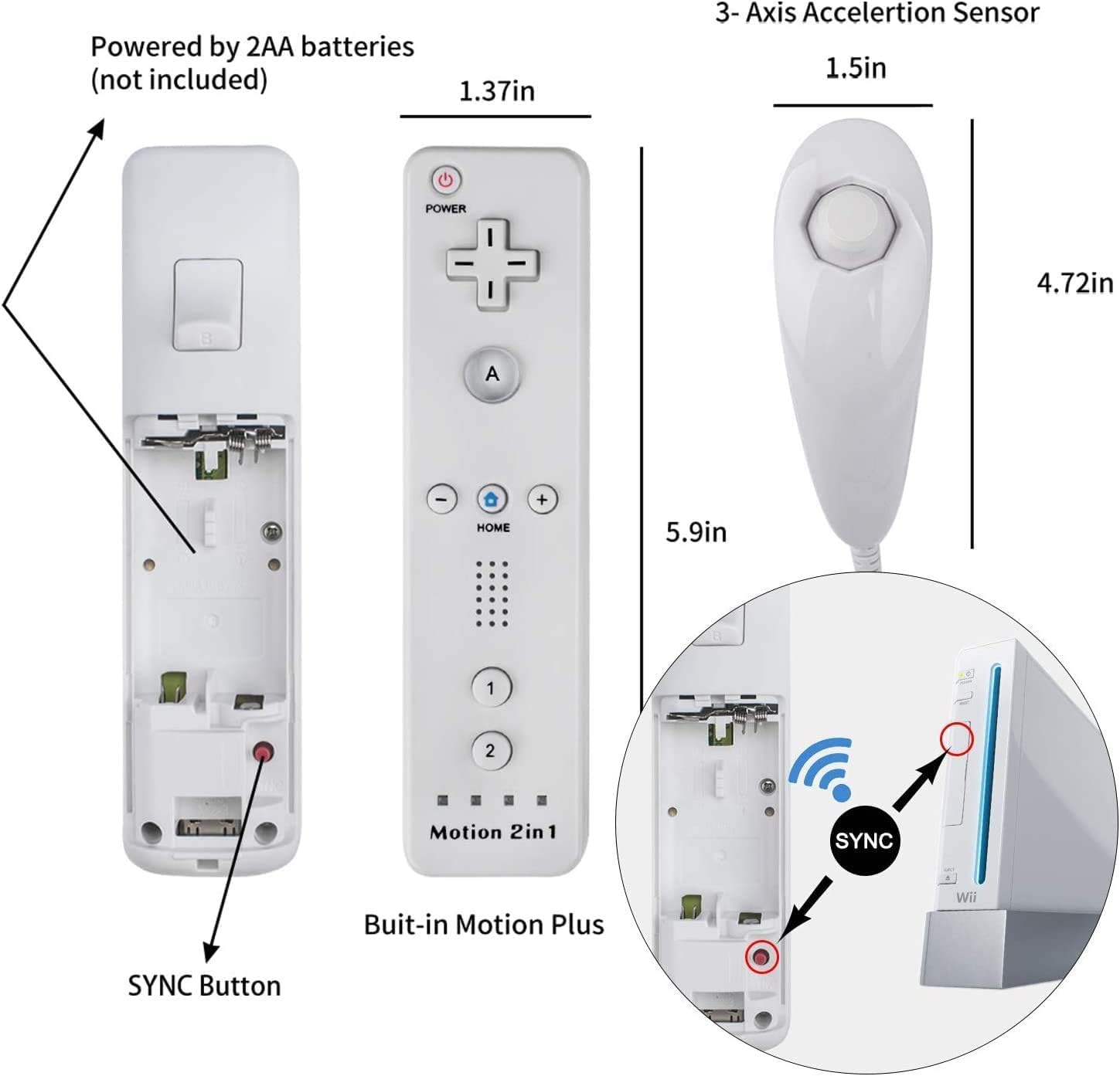 TechKen Motion Plus Wii Controllers 2Packs with Nunchucks, Wii Remote Controllers Compatible for wii and Wii U with Built in Motion Plus