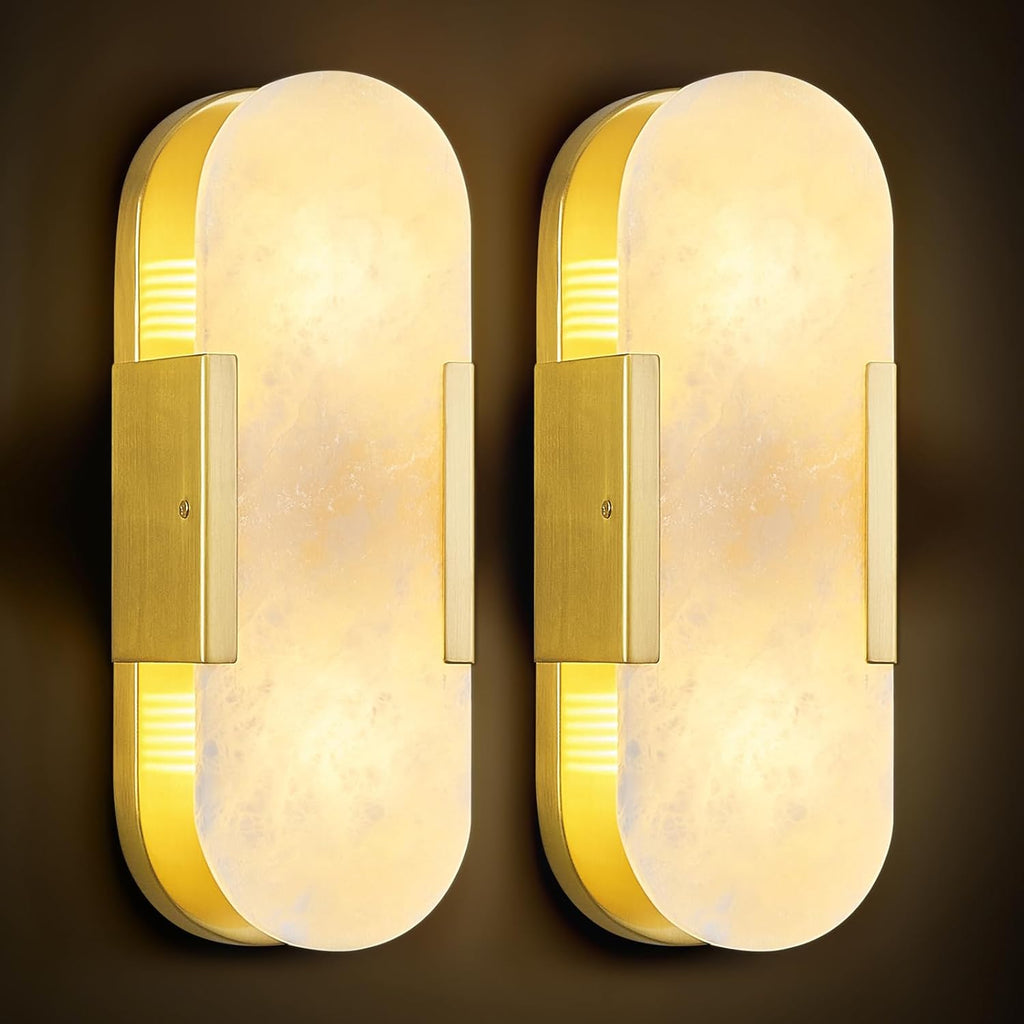 Brass Alabaster Wall Sconces Set of Two, Modern Natural Marble Wall Sconces for Indoor Lighting, 13.8 in Gold Wall Lights for Bathroom Dining Room Stairs Bedroom