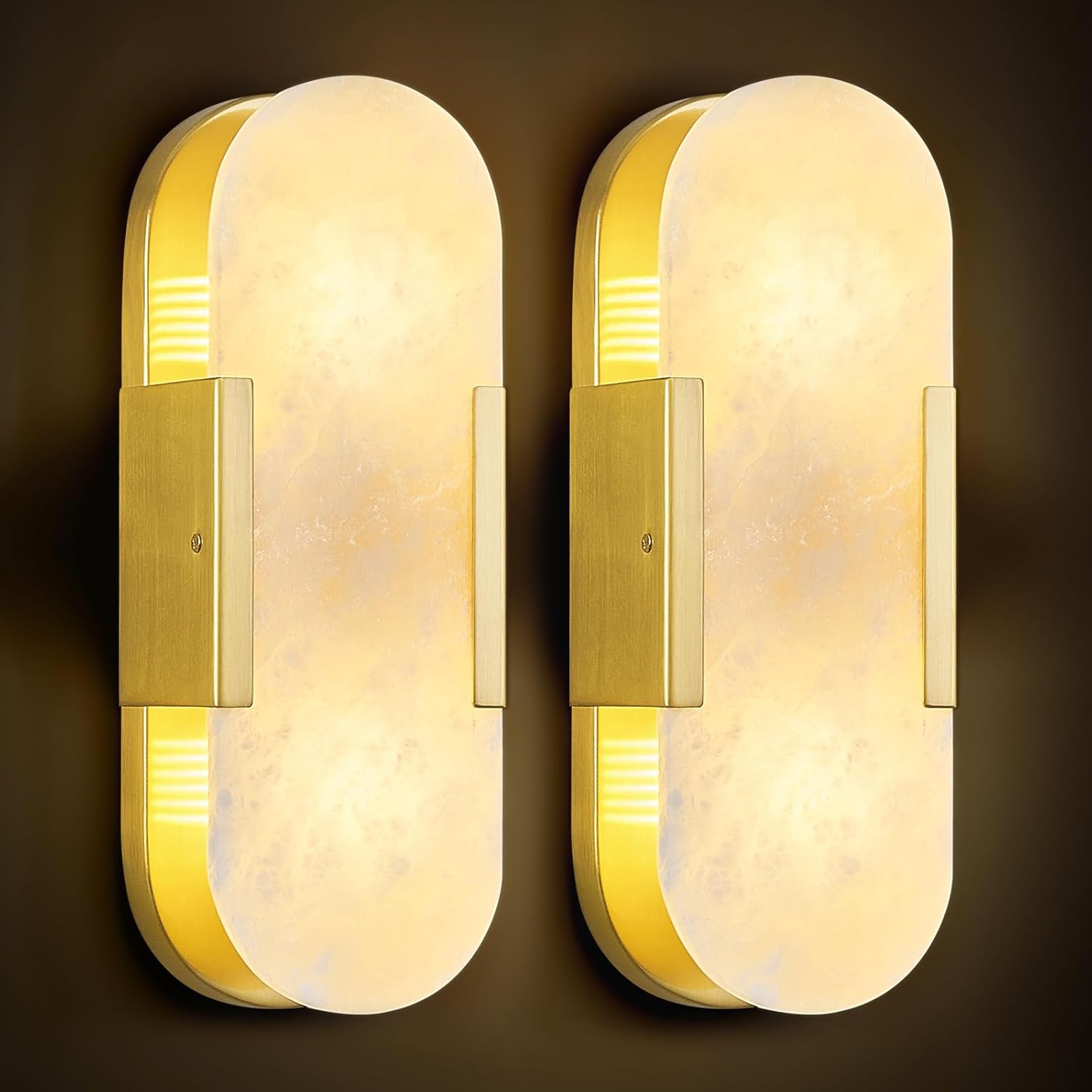 Brass Alabaster Wall Sconces Set of Two, Modern Natural Marble Wall Sconces for Indoor Lighting, 13.8 in Gold Wall Lights for Bathroom Dining Room Stairs Bedroom