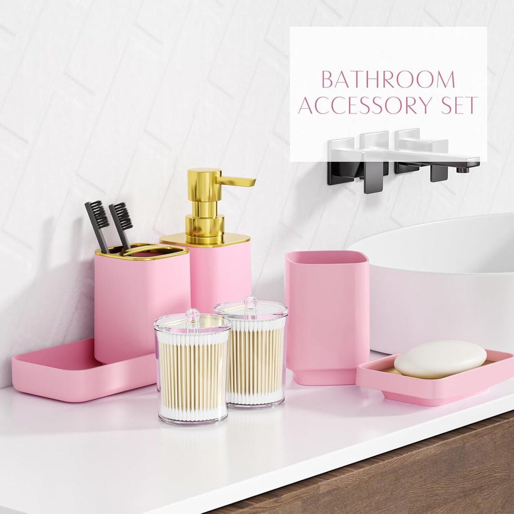 25PCS Bathroom Accessory Set, Pink Bathroom Set with Large-Capacity 4 Gallon Trash Can,Bathroom Rugs Set, Waterproof Shower Curtain, Toilet Brush, Toothbrush Holder & Soap Dispenser