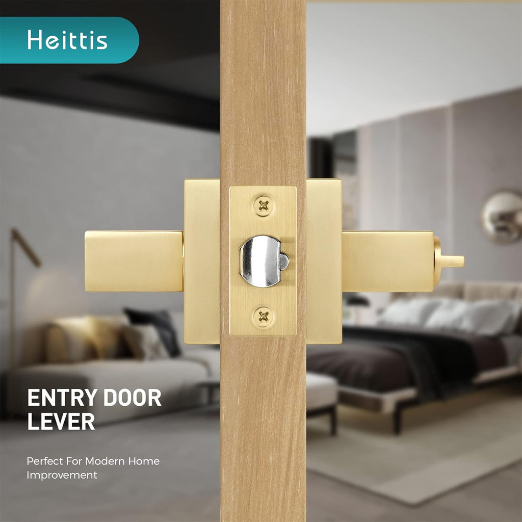 3 Pack Square Gold Door Handle with Key Heavy Door Knobs Interior(Keyed Alike), Satin Brass Gold Door Handles with Lock and Keys for Interior/Exterior/Front Doors
