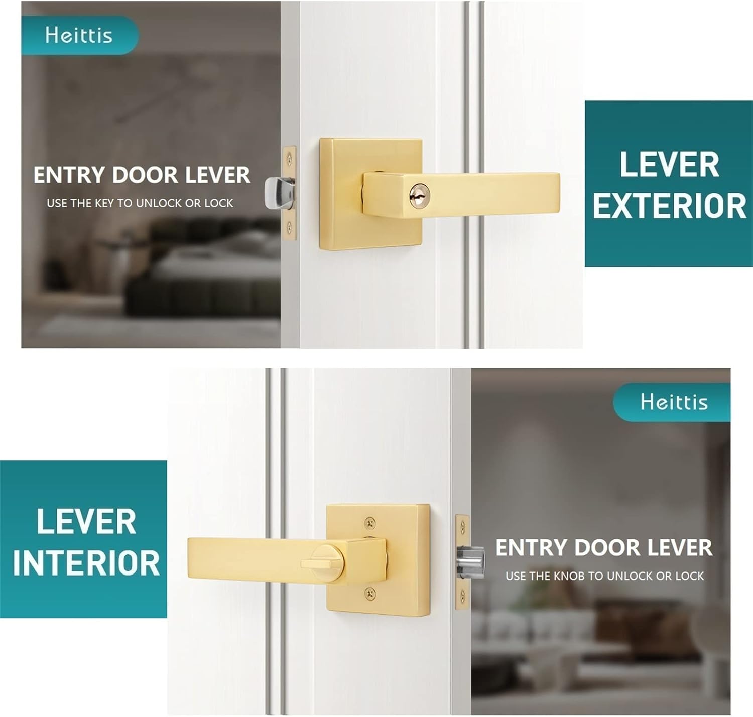 4 Pack Heavy Brass Door Knobs Square Gold Door Knobs Interior (Keyed Alike), Satin Brass Gold Door Knob with Lock and Keys for Interior/Exterior/Front Doors
