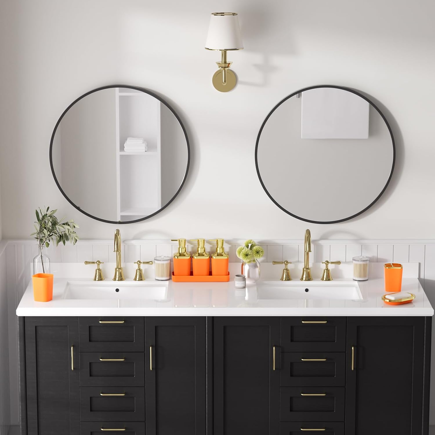 Bathroom Sets with Shower Curtain and Rugs, 27PC Bathroom Accessory Set, Orange Bathroom Set, Orange and Gold Bathroom Accessories Set with Trash Can, Toilet Brush and Soap Dispensers