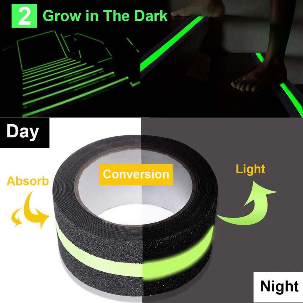 RELIANCER Anti Slip Safety Grip Tape 2inx30ft Green Glowing in The Dark Non Skid Stage Safety Tape High Traction Grit Stairs Tape Hazard Caution Warning Tape for Steps (2"×30', Green&Black)