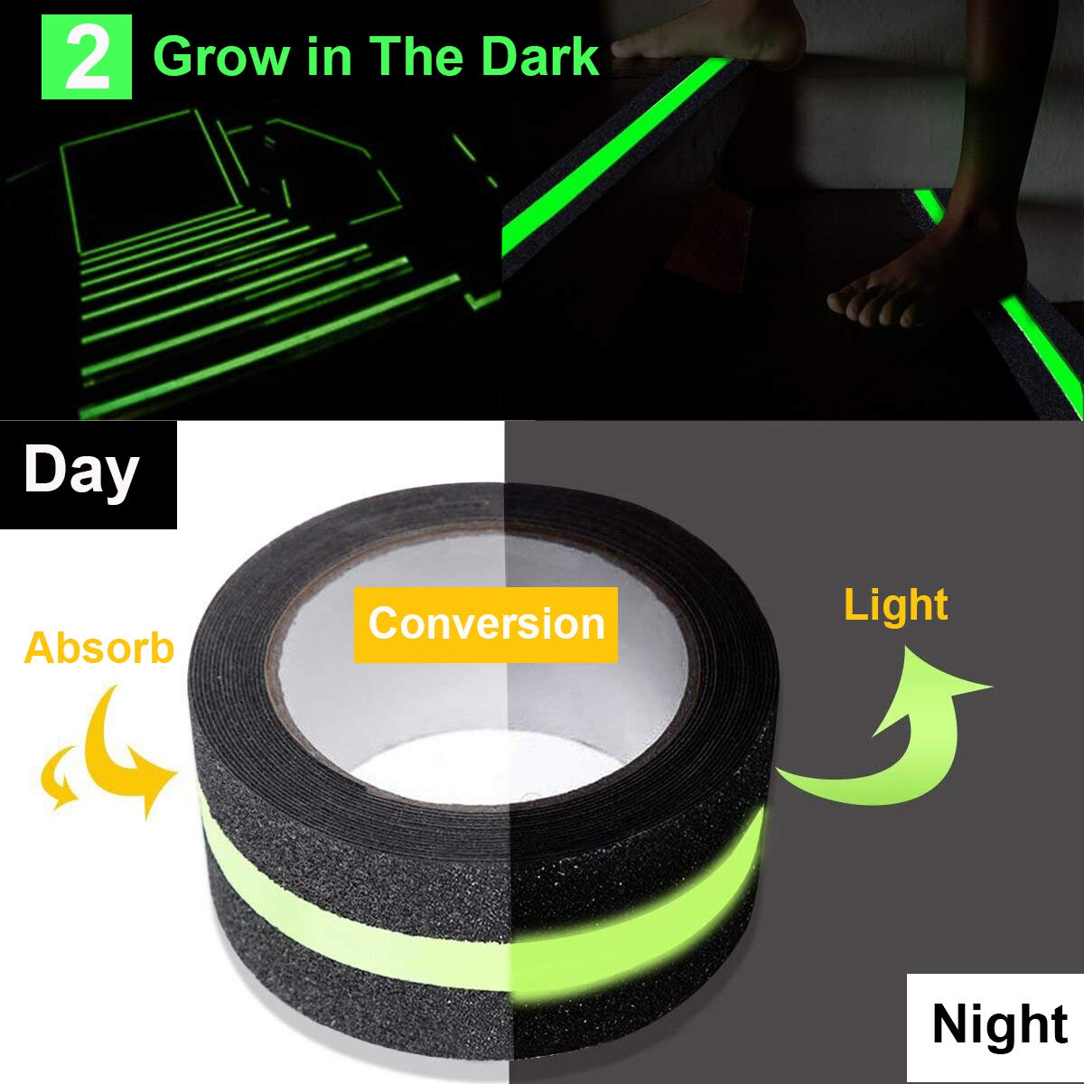 RELIANCER Anti Slip Safety Grip Tape 2inx30ft Green Glowing in The Dark Non Skid Stage Safety Tape High Traction Grit Stairs Tape Hazard Caution Warning Tape for Steps (2"×30', Green&Black)